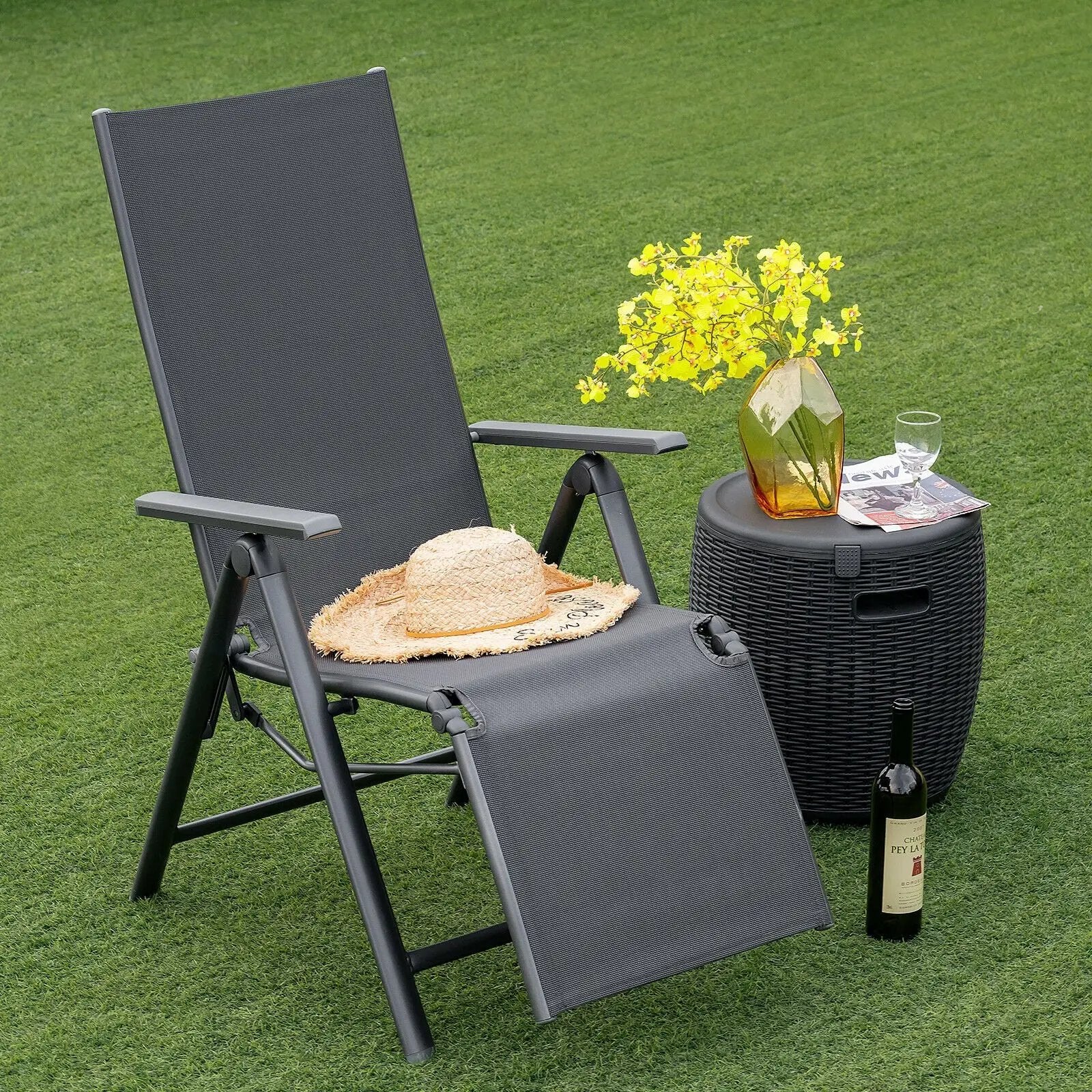 Outdoor Folding Lounge Chair with 7 Adjustable Backrest and Footrest Positions-Gray by DirectDeals