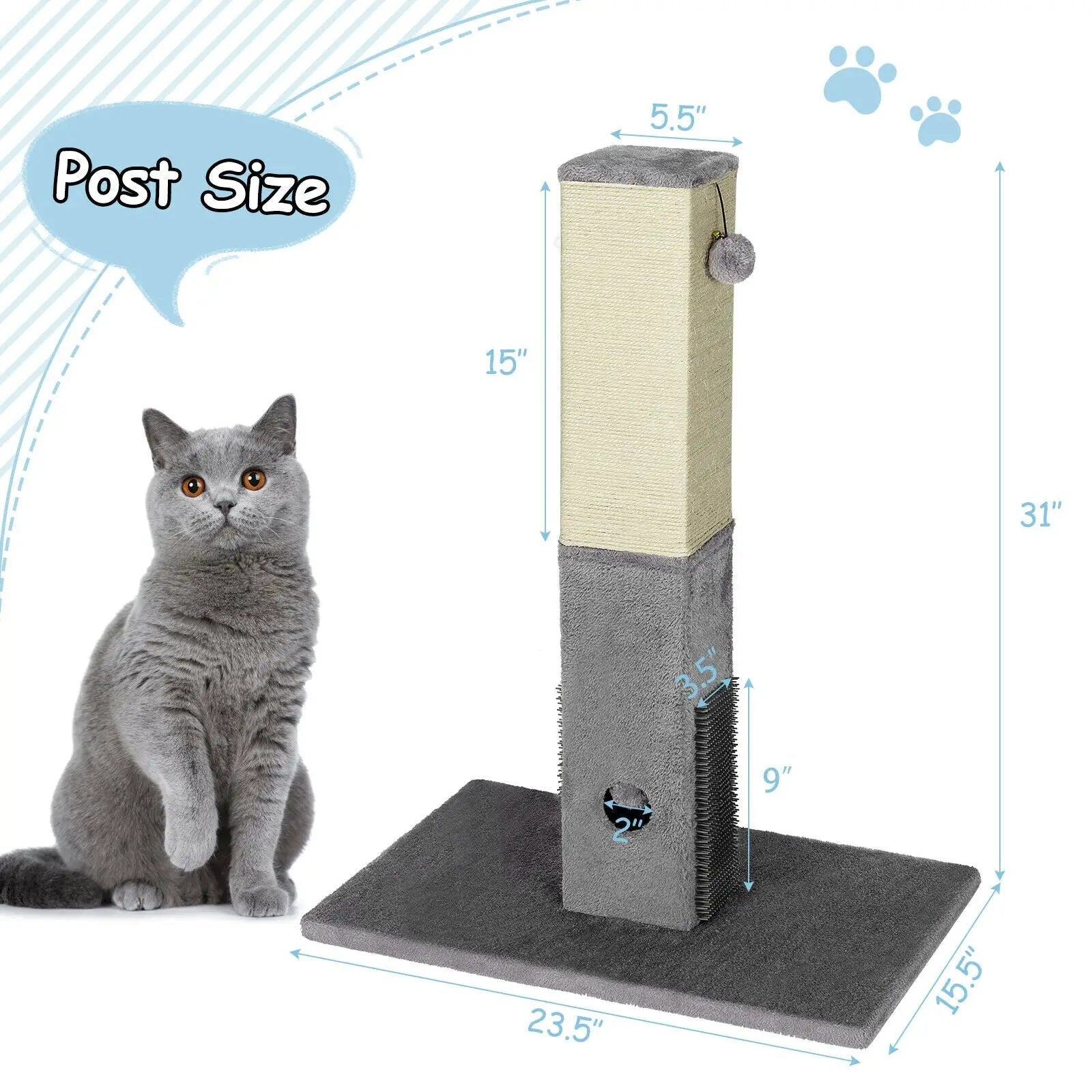 31 inch Tall Cat Scratching Post Claw Scratcher with Sisal Rope and 2 plush Ball-Gray by DirectDeals