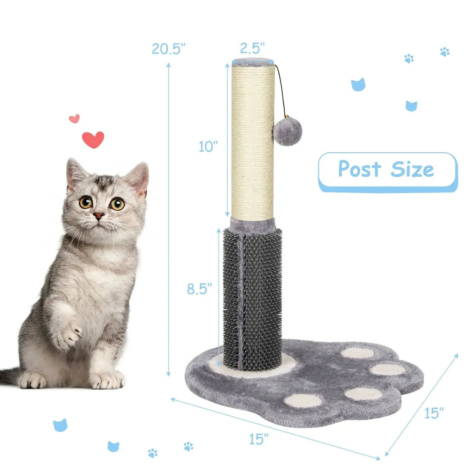 20.5 inch Tall Cat Scratching Post Claw Scratcher with Sisal Rope and Plush Ball-Gray by DirectDeals