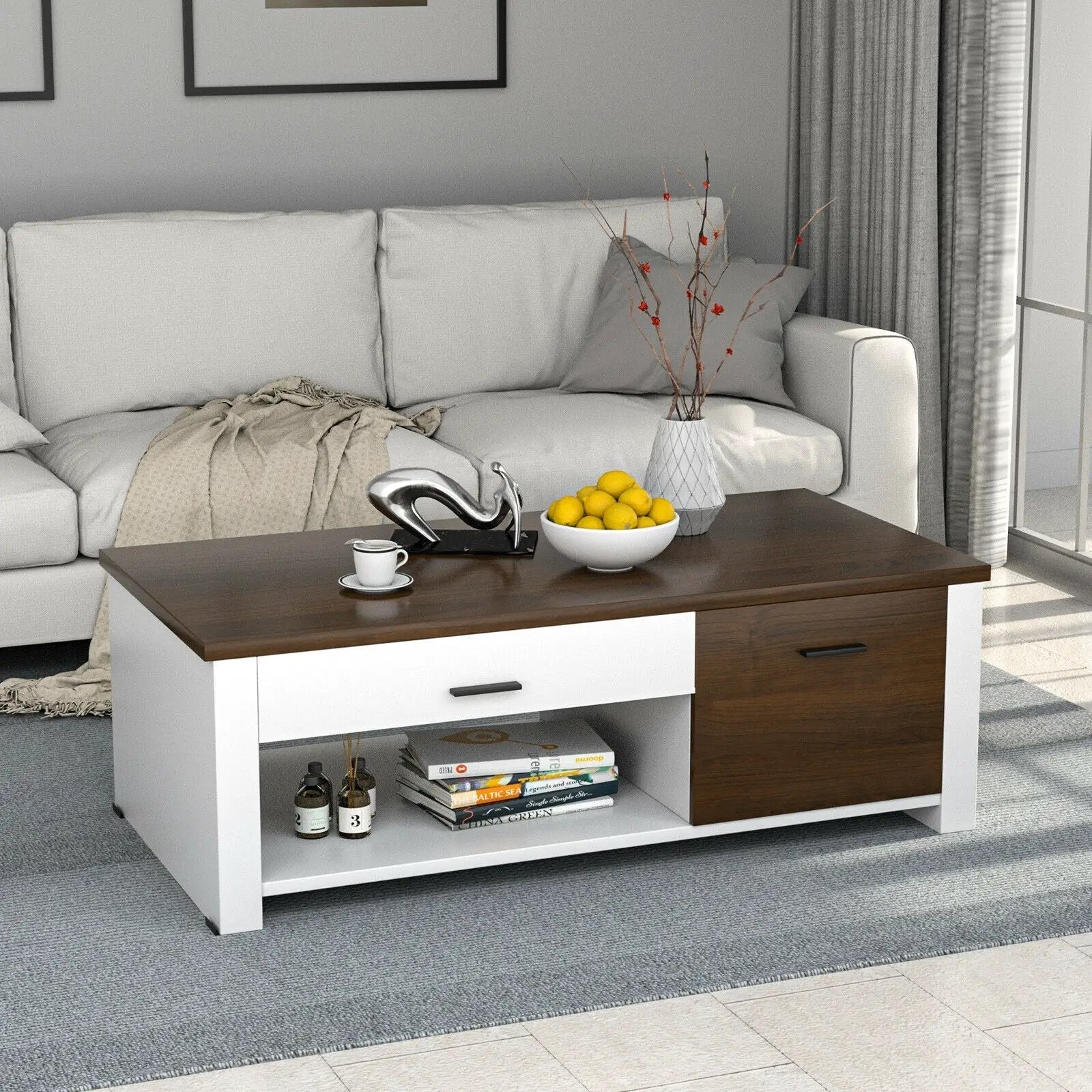 Modern Coffee Table with Front Back Drawers and Compartments for Living Room by DirectDeals