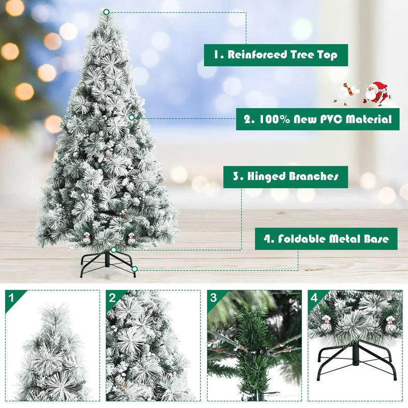 6 Feet Snow Flocked Christmas Tree with Pine Cone and Red Berries by DirectDeals
