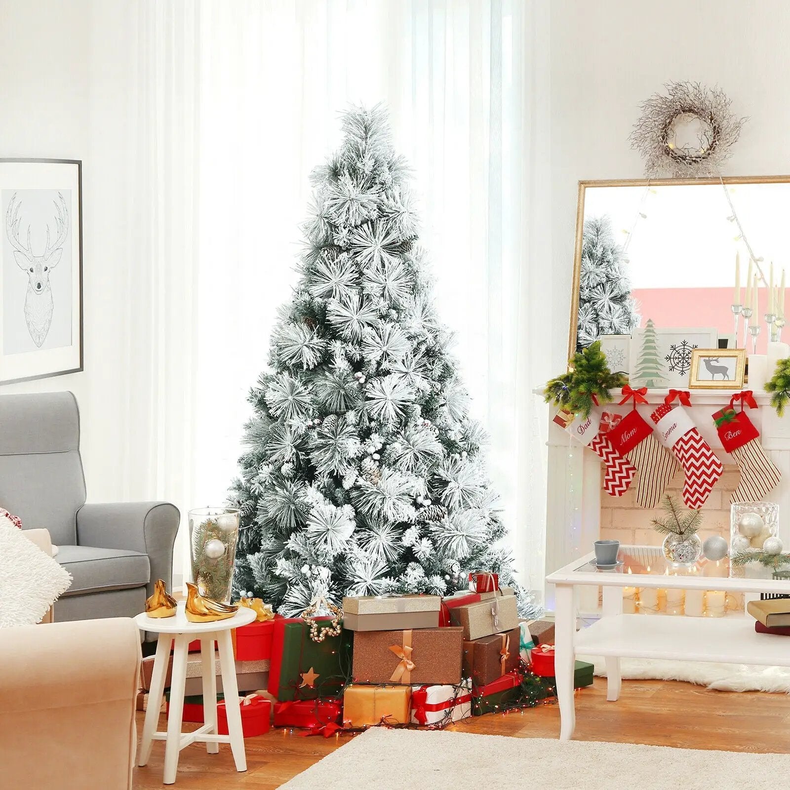 6 Feet Snow Flocked Christmas Tree with Pine Cone and Red Berries by DirectDeals
