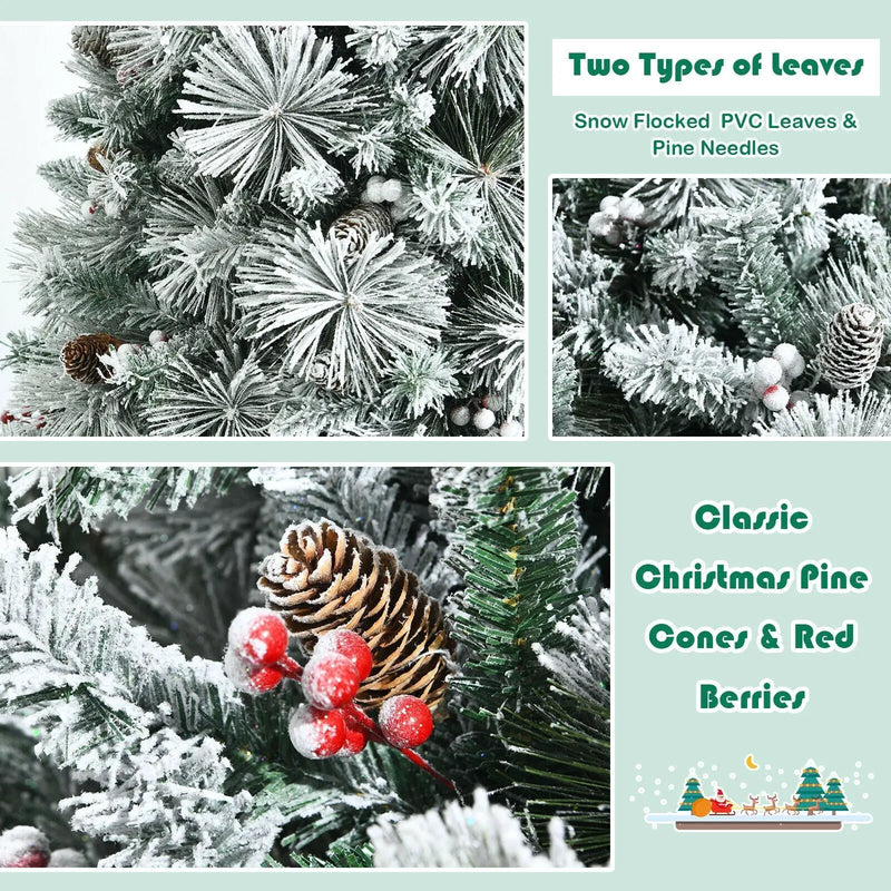 6 Feet Snow Flocked Christmas Tree with Pine Cone and Red Berries by DirectDeals