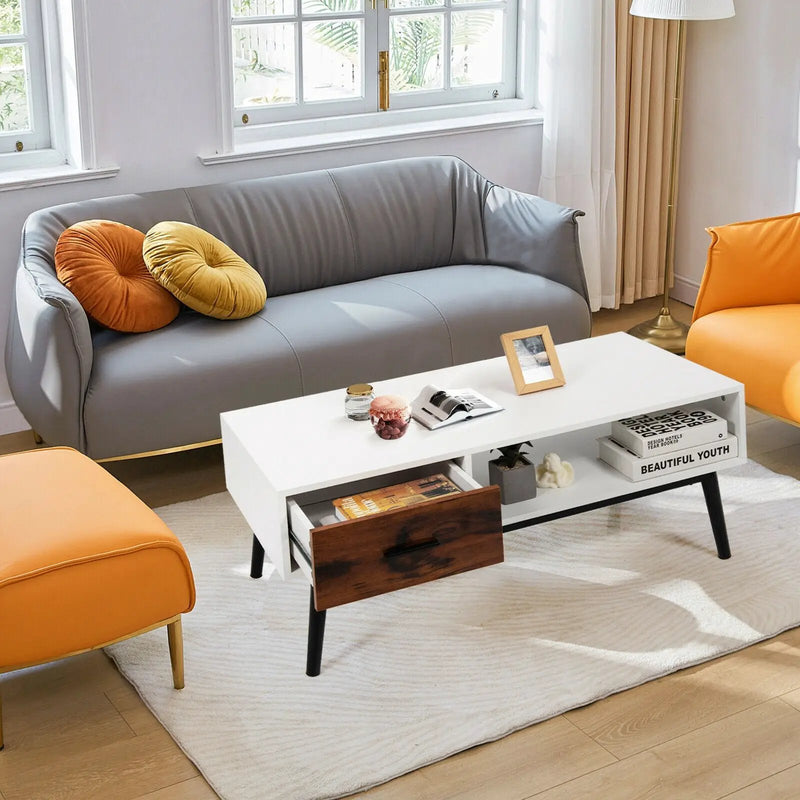 Rectangular Wooden Coffee Table with Drawer and Open Storage Shelf by DirectDeals