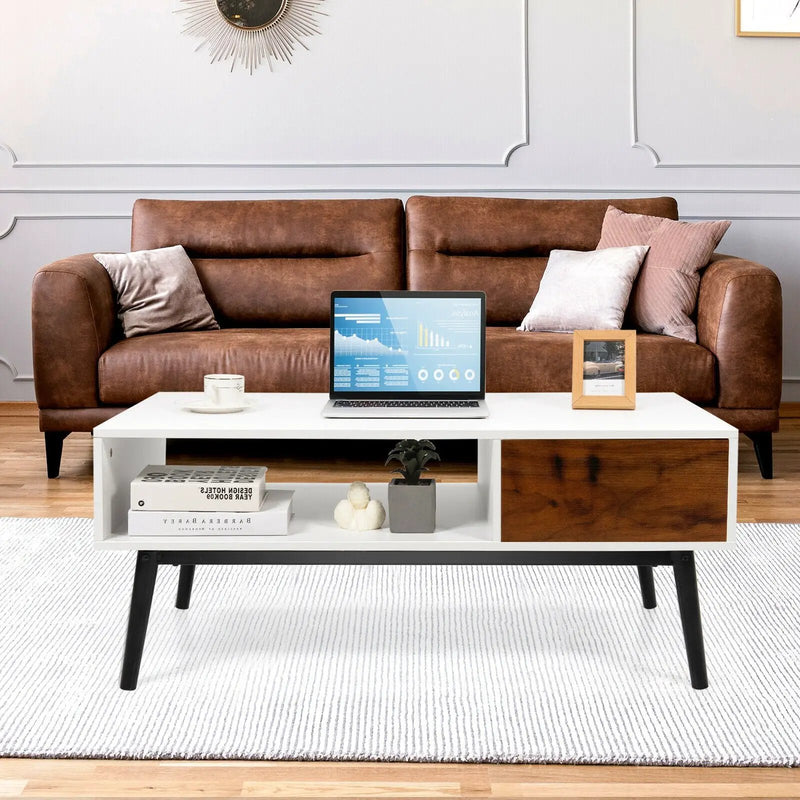 Rectangular Wooden Coffee Table with Drawer and Open Storage Shelf by DirectDeals