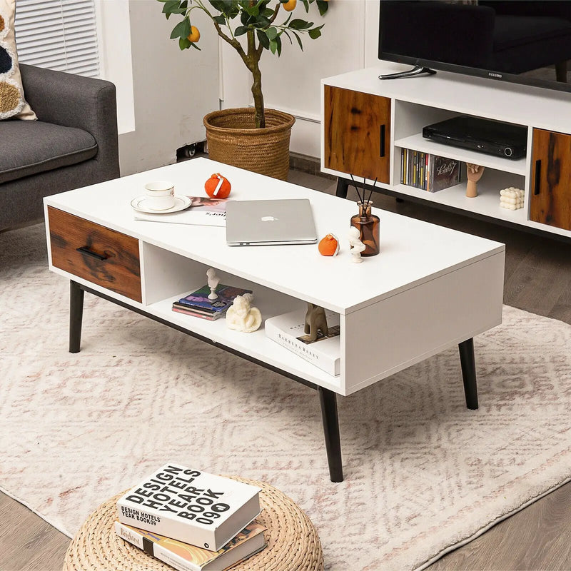 Rectangular Wooden Coffee Table with Drawer and Open Storage Shelf by DirectDeals