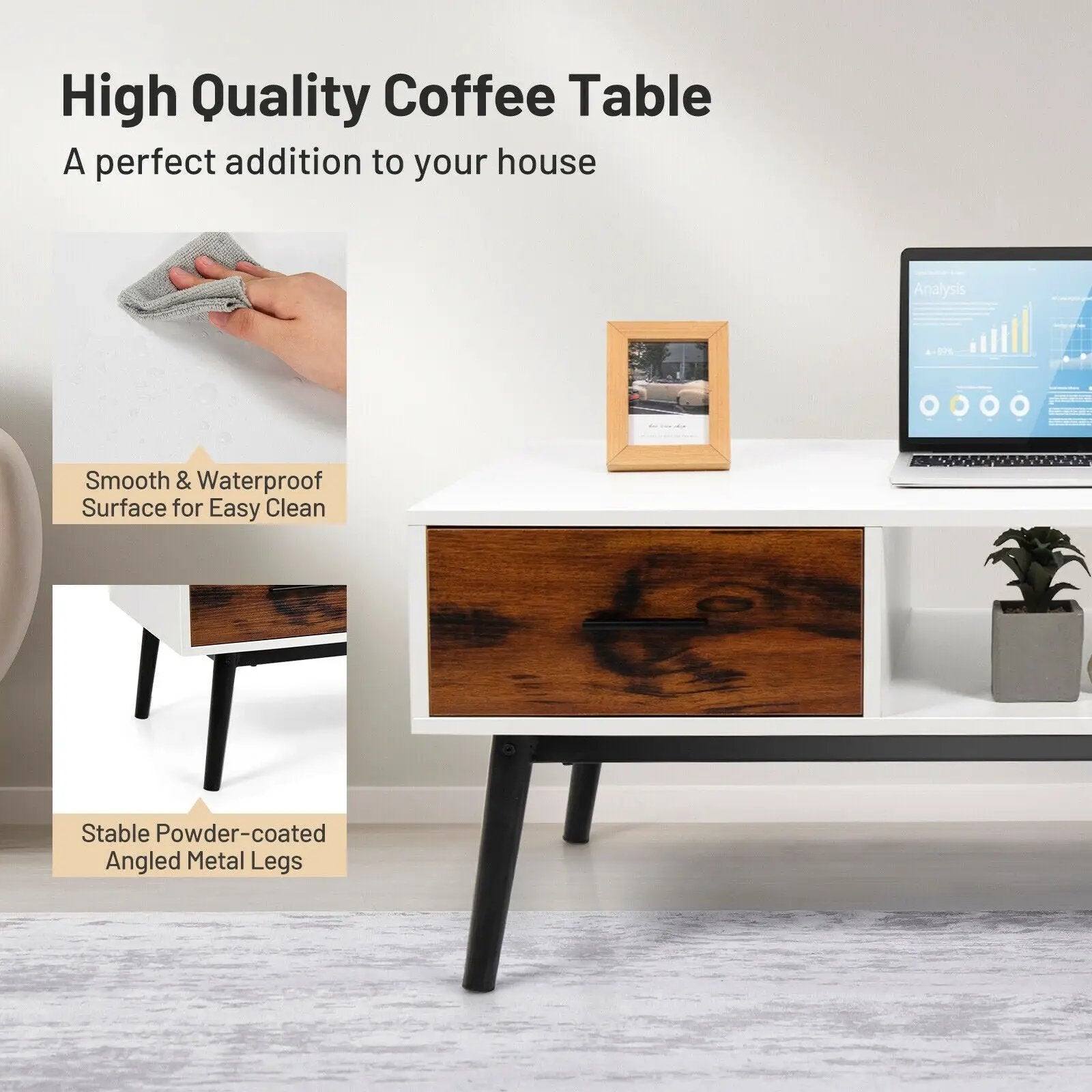 Rectangular Wooden Coffee Table with Drawer and Open Storage Shelf by DirectDeals