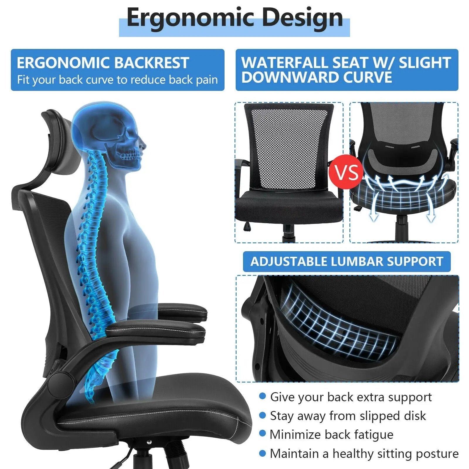 High-Back Executive Chair with Adjustable Lumbar Support and Headrest-Black by DirectDeals