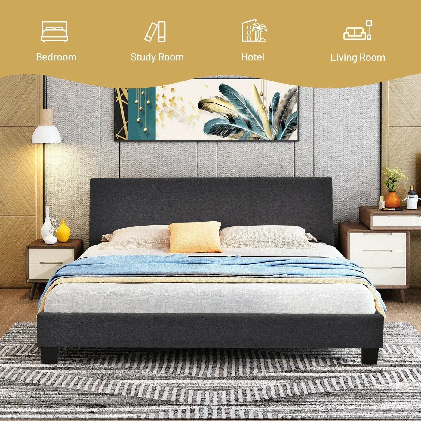Full Upholstered Platform Bed Frame with Headboard Wood Slat by DirectDeals