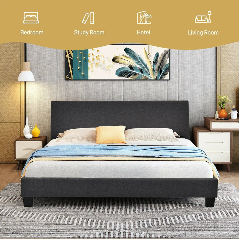 Full Upholstered Platform Bed Frame with Headboard Wood Slat by DirectDeals