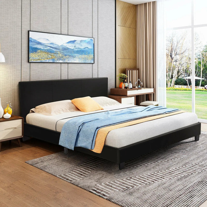 Full Upholstered Platform Bed Frame with Headboard Wood Slat by DirectDeals