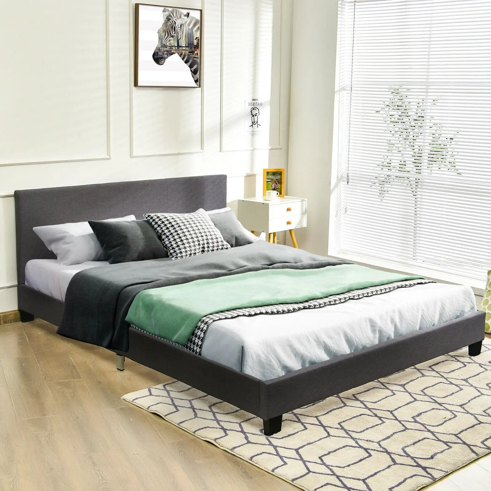 Full Upholstered Platform Bed Frame with Headboard Wood Slat by DirectDeals