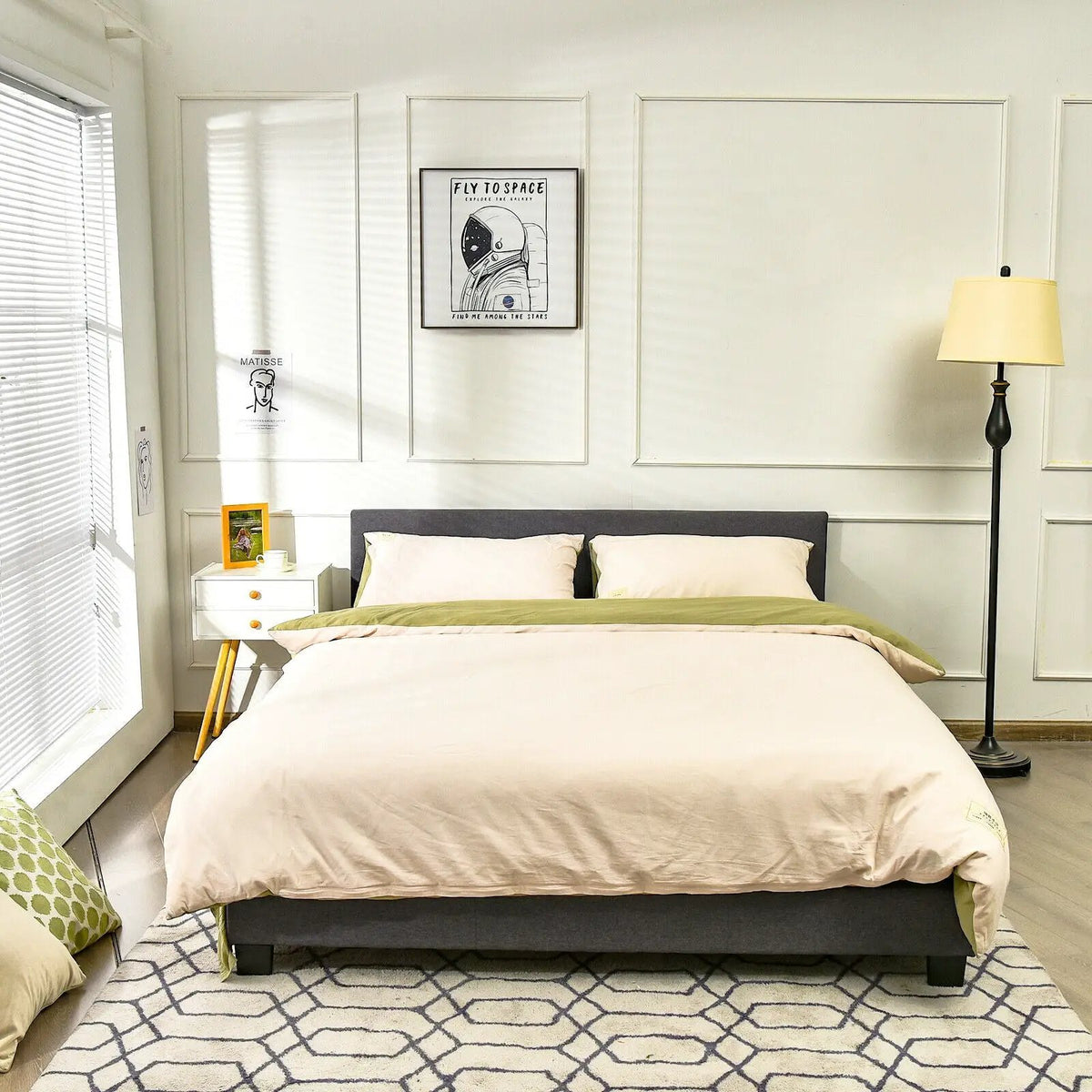 Full Upholstered Platform Bed Frame with Headboard Wood Slat by DirectDeals