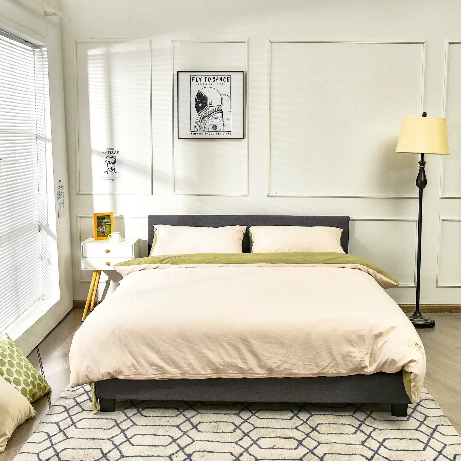 Full Upholstered Platform Bed Frame with Headboard Wood Slat by DirectDeals