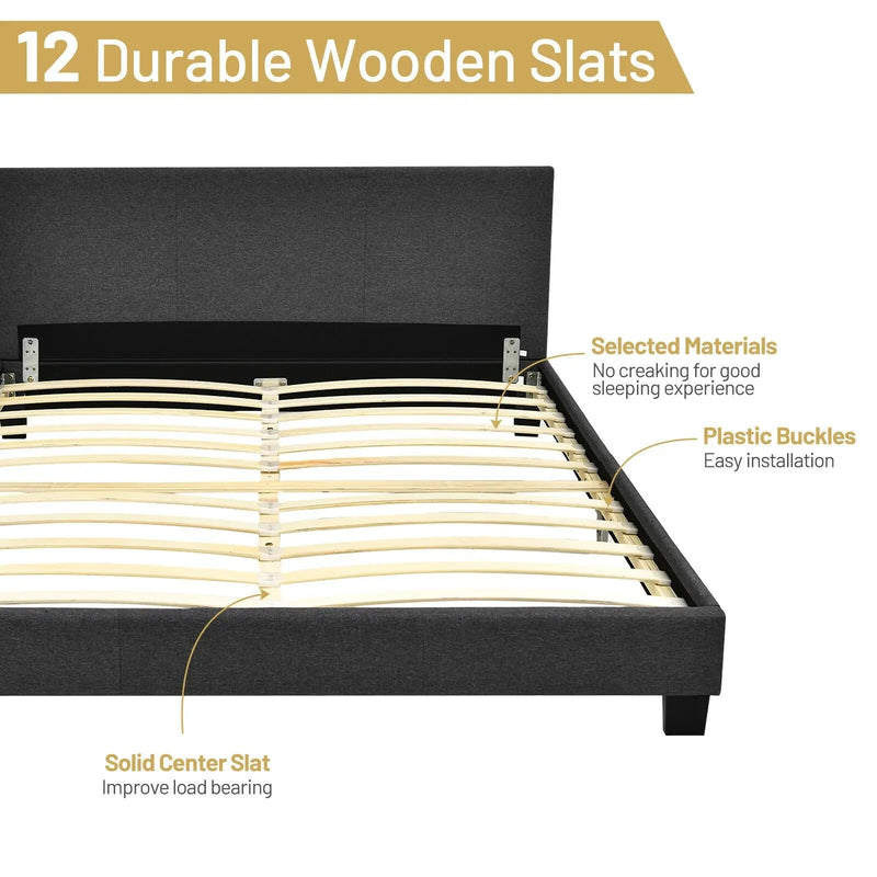 Full Upholstered Platform Bed Frame with Headboard Wood Slat by DirectDeals