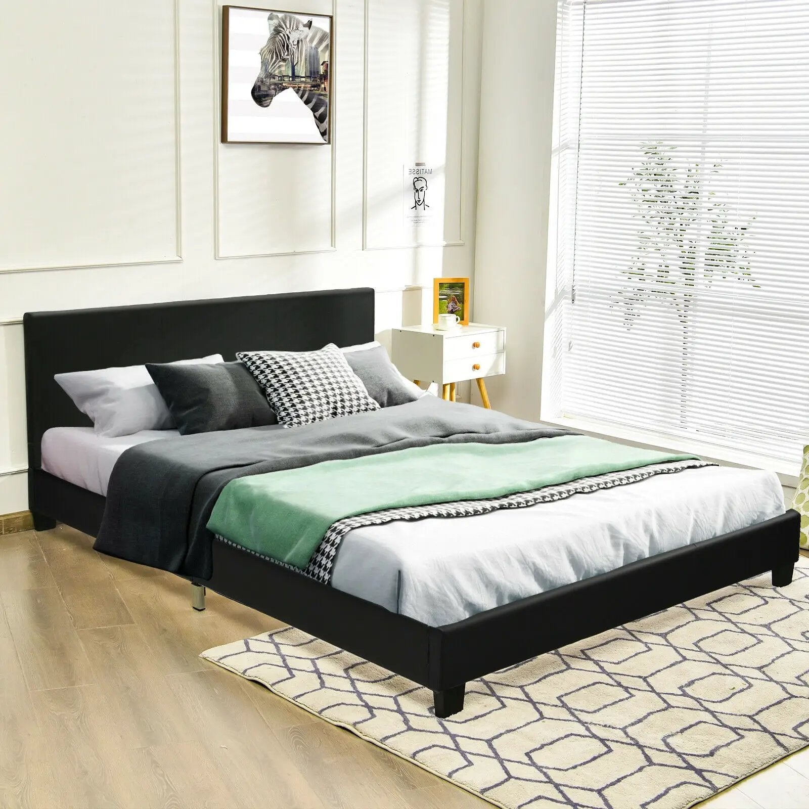 Full Upholstered Platform Bed Frame with Headboard Wood Slat by DirectDeals