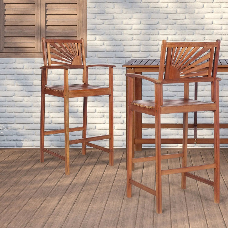 2 Pieces Outdoor Acacia Wood Bar Chairs with Sunflower Backrest and Armrests by DirectDeals
