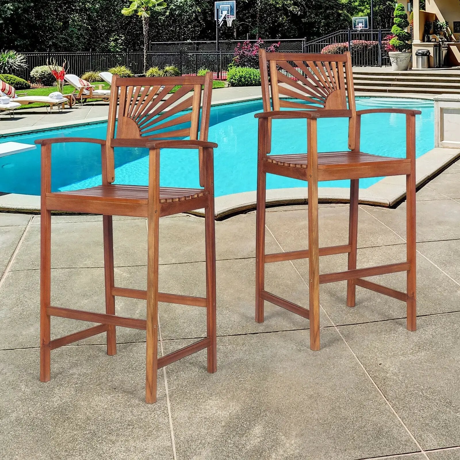 2 Pieces Outdoor Acacia Wood Bar Chairs with Sunflower Backrest and Armrests by DirectDeals