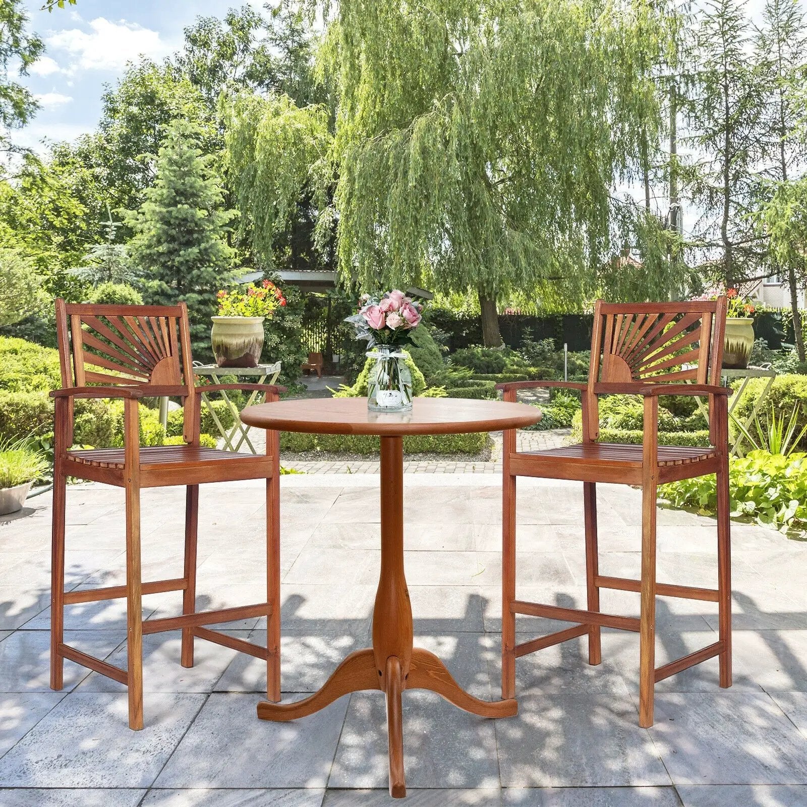 2 Pieces Outdoor Acacia Wood Bar Chairs with Sunflower Backrest and Armrests by DirectDeals
