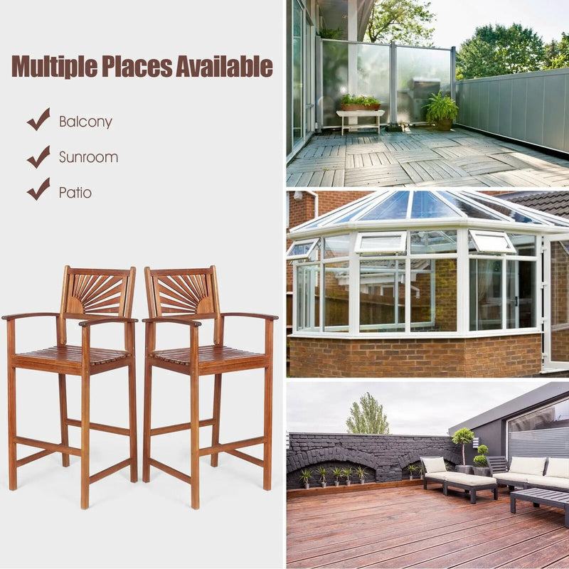 2 Pieces Outdoor Acacia Wood Bar Chairs with Sunflower Backrest and Armrests by DirectDeals