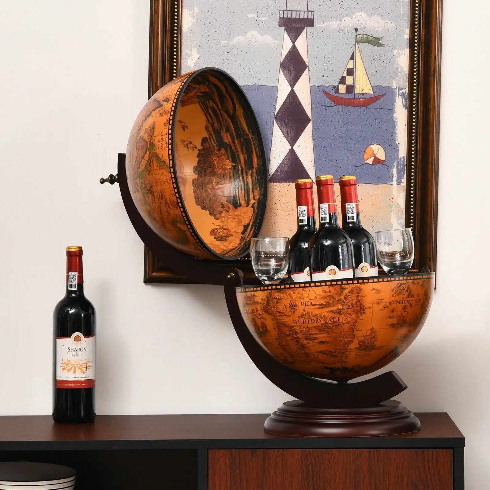 19 Inch 16th Century Nautical Map Tabletop Globe Wine Cabinet-Brown by DirectDeals