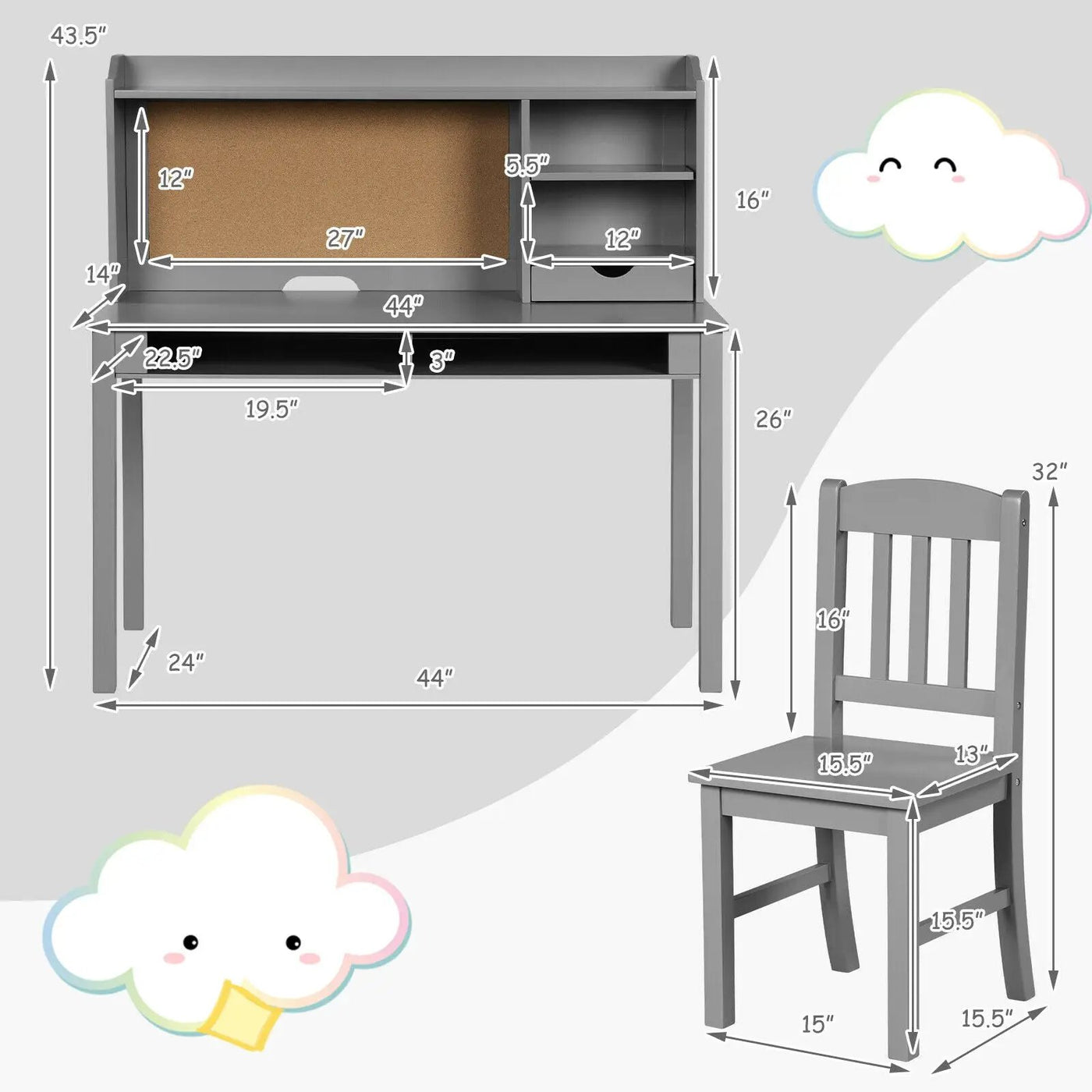Kids Desk and Chair Set Study Writing Desk with Hutch and Bookshelves by DirectDeals