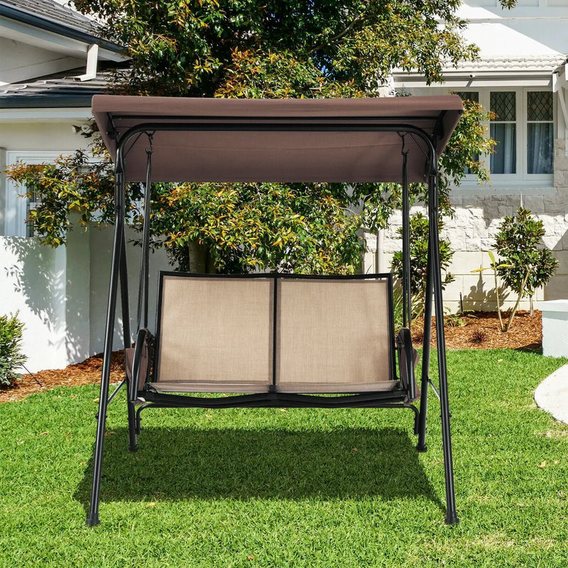 2-Person Patio Swing with Adjustable Canopy and 2 Storage Pocket-Brown by DirectDeals