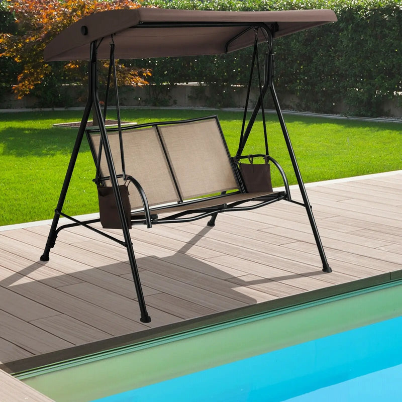 2-Person Patio Swing with Adjustable Canopy and 2 Storage Pocket-Brown by DirectDeals