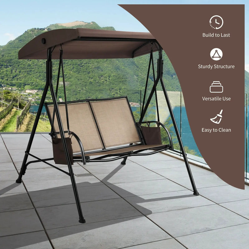 2-Person Patio Swing with Adjustable Canopy and 2 Storage Pocket-Brown by DirectDeals