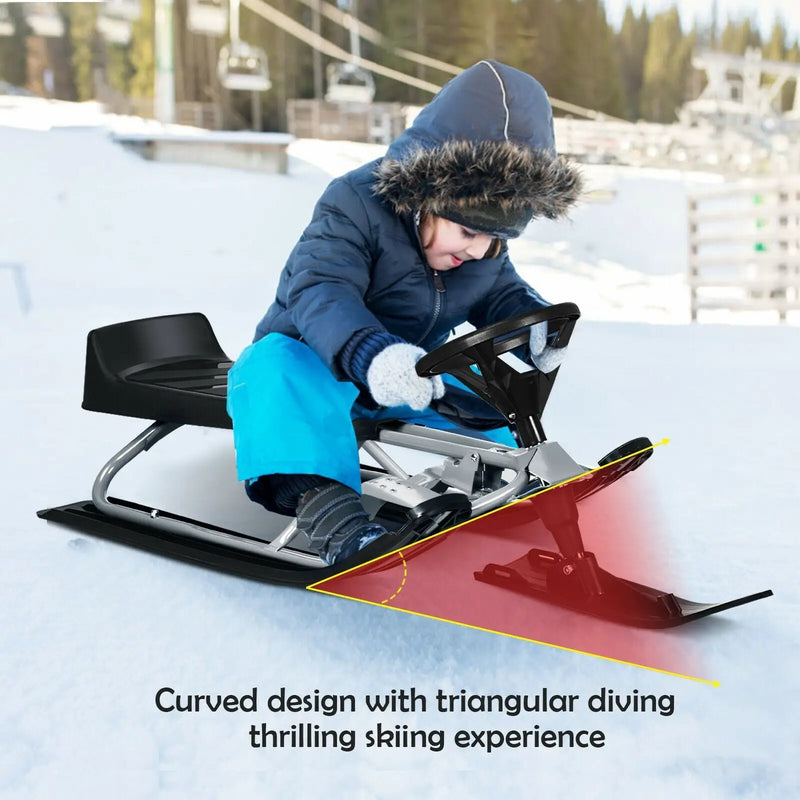 Kids Snow Sled with Steering Wheel and Double Brakes Pull Rope by DirectDeals