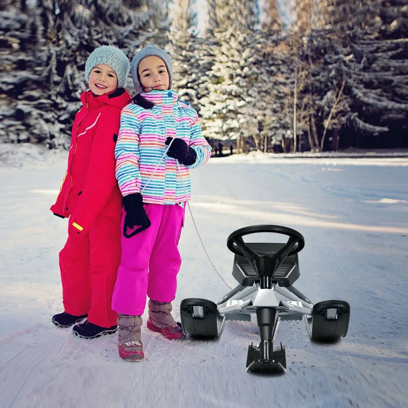 Kids Snow Sled with Steering Wheel and Double Brakes Pull Rope by DirectDeals