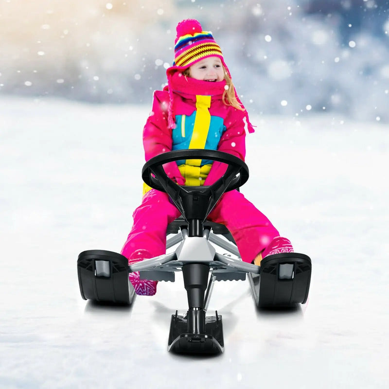 Kids Snow Sled with Steering Wheel and Double Brakes Pull Rope by DirectDeals