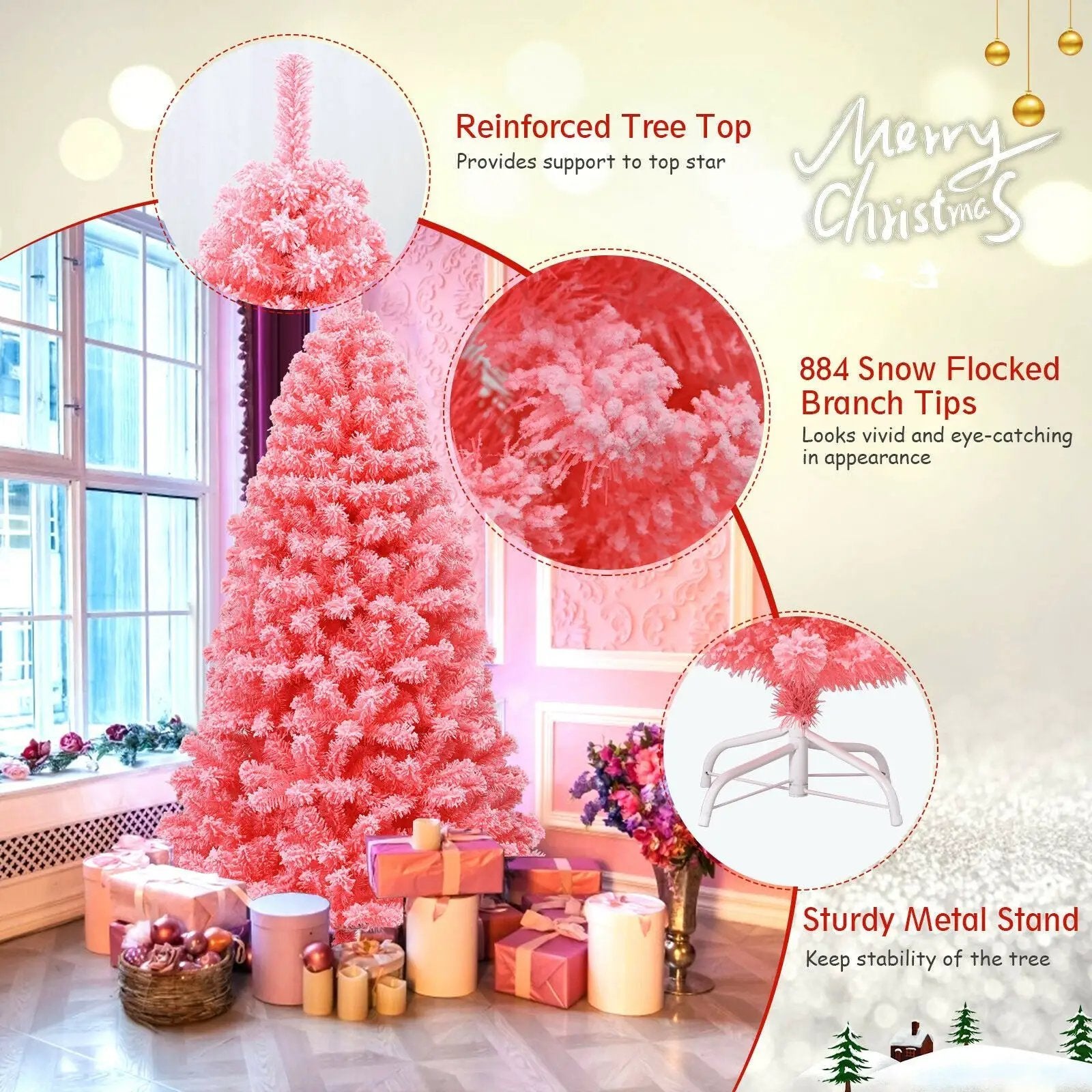 Pink Christmas Tree with Snow Flocked PVC Tips and Metal Stand by DirectDeals