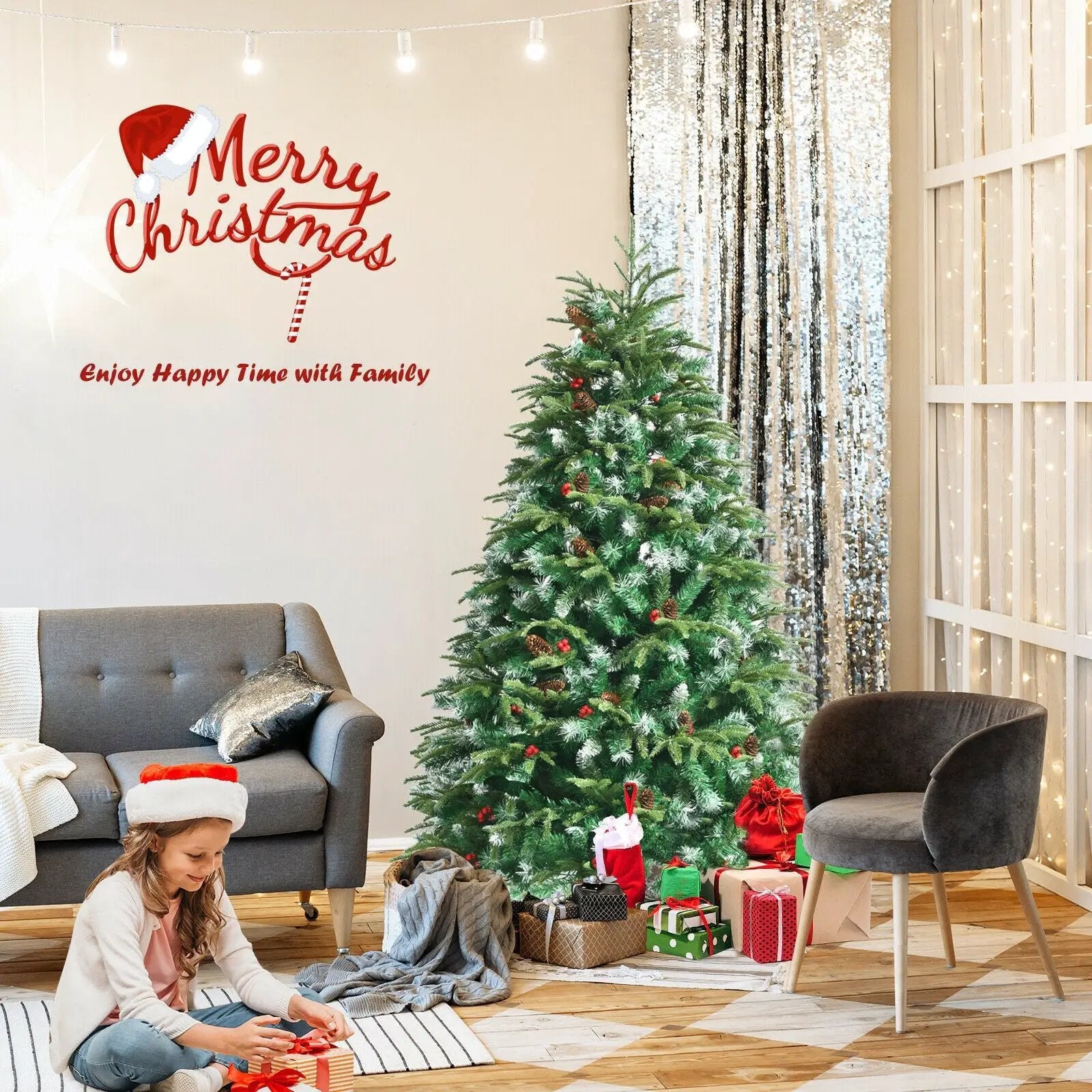 Pre-Lit Snowy Christmas Hinged Tree with Multi-Color Lights by DirectDeals