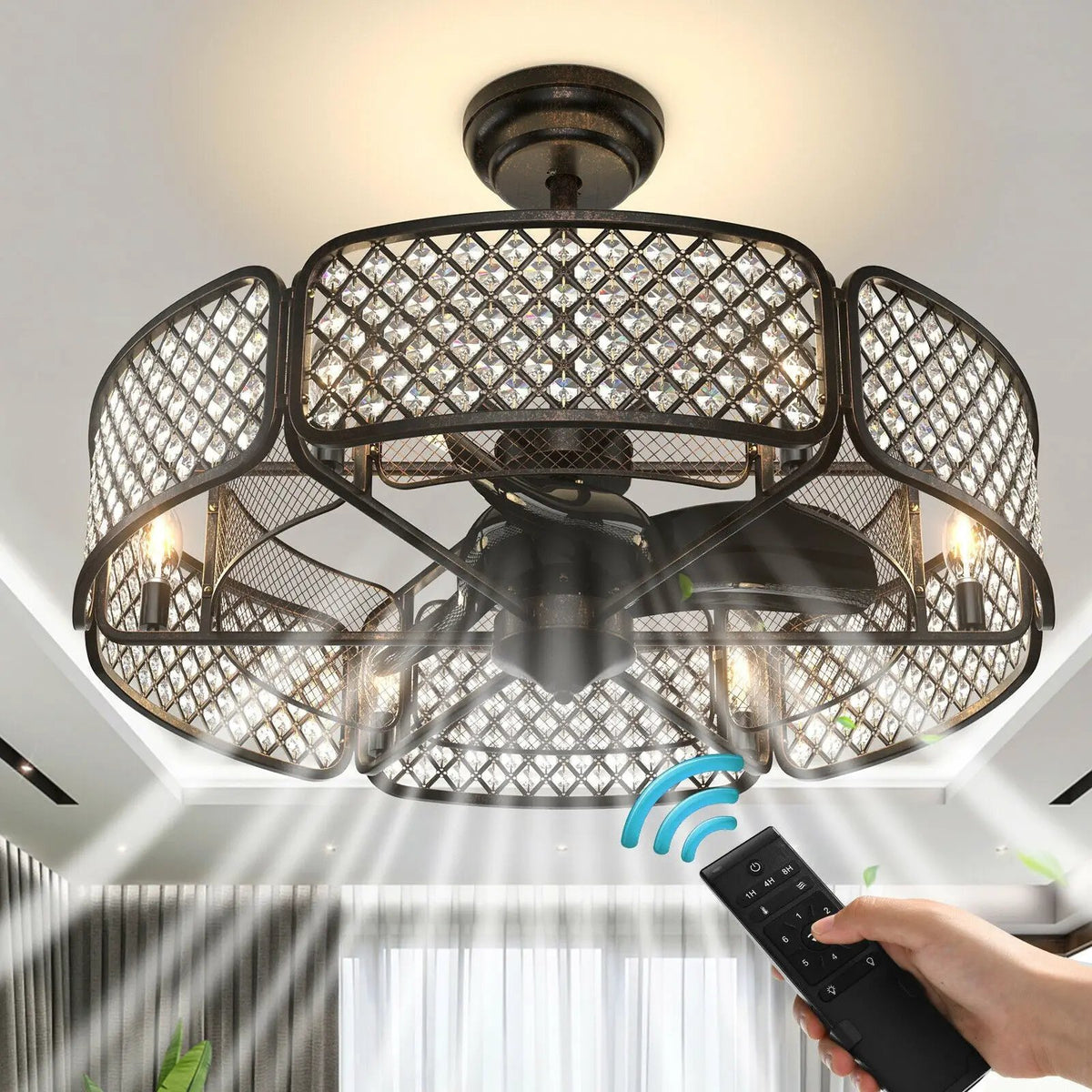 30 Inch Caged Ceiling Fan With Light Crystal Lampshade 6 Light Bases by DirectDeals