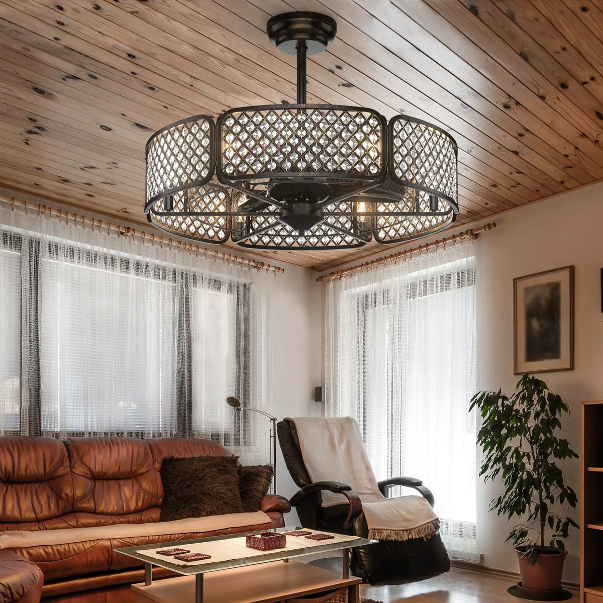 30 Inch Caged Ceiling Fan With Light Crystal Lampshade 6 Light Bases by DirectDeals