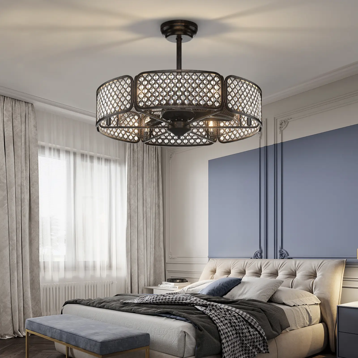 30 Inch Caged Ceiling Fan With Light Crystal Lampshade 6 Light Bases by DirectDeals