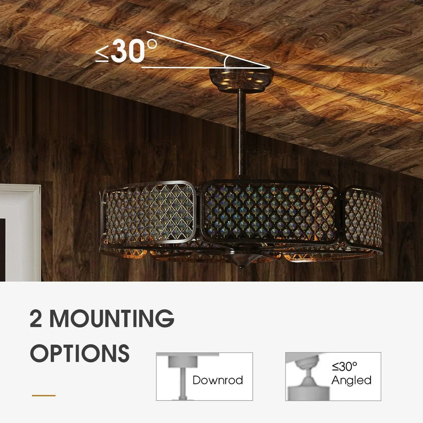 30 Inch Caged Ceiling Fan With Light Crystal Lampshade 6 Light Bases by DirectDeals