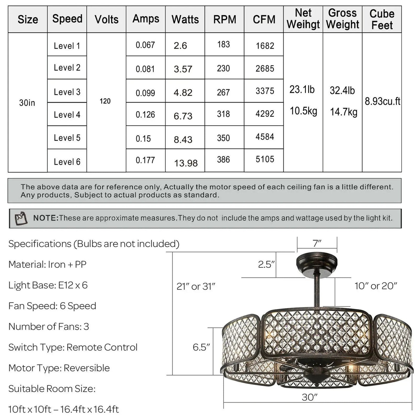 30 Inch Caged Ceiling Fan With Light Crystal Lampshade 6 Light Bases by DirectDeals