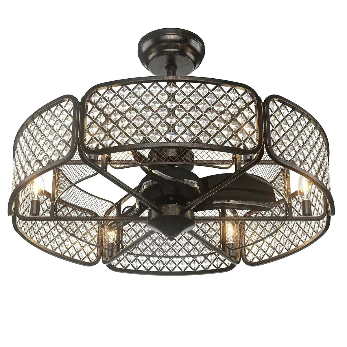 30 Inch Caged Ceiling Fan With Light Crystal Lampshade 6 Light Bases by DirectDeals