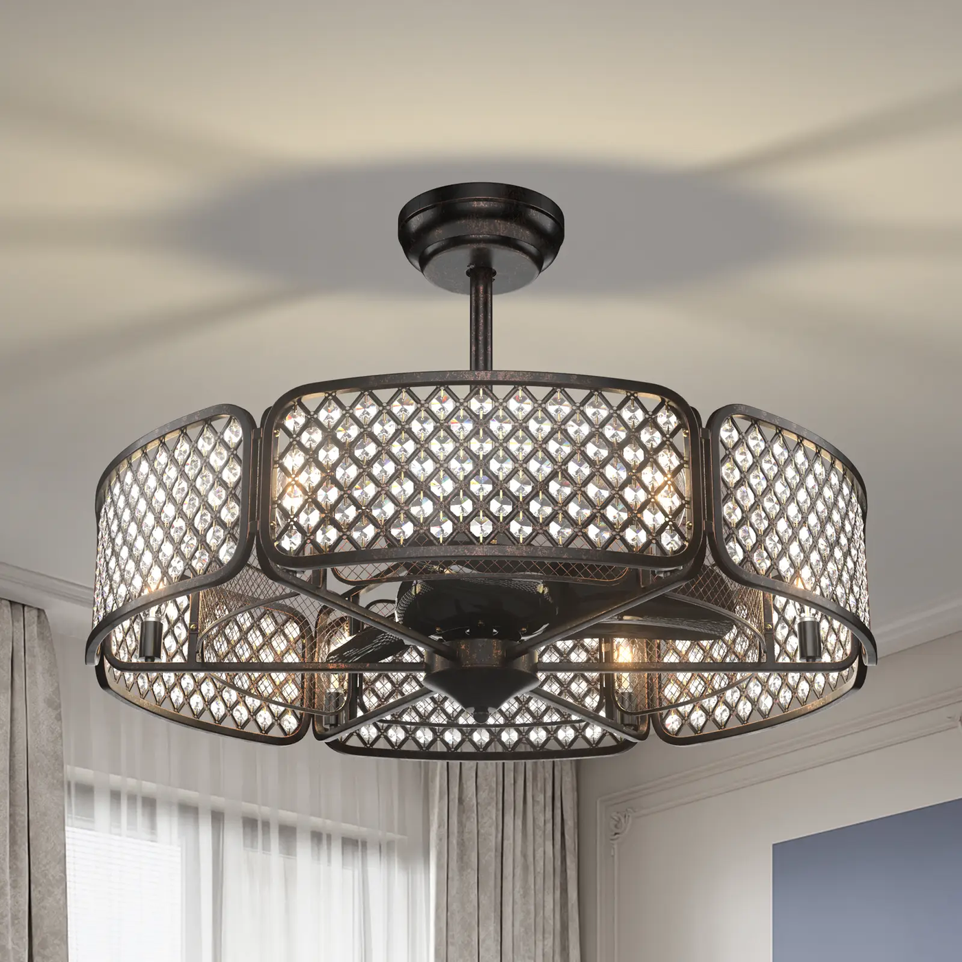 30 Inch Caged Ceiling Fan With Light Crystal Lampshade 6 Light Bases by DirectDeals