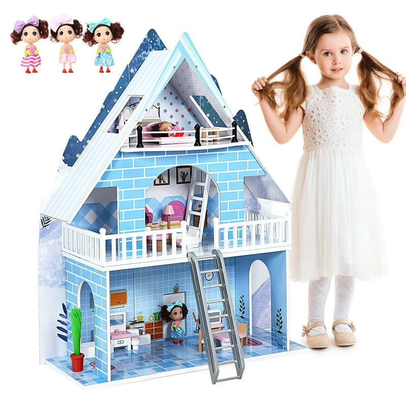 Wooden Dollhouse 3-Story Pretend Playset with Furniture and Doll Gift for Age 3+ Year by DirectDeals