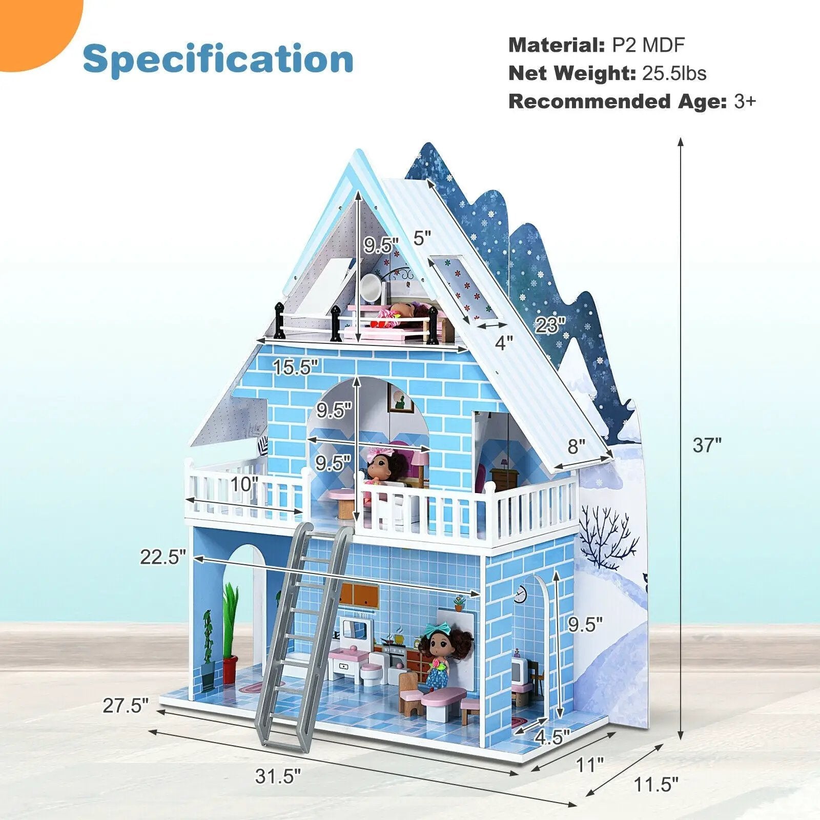 Wooden Dollhouse 3-Story Pretend Playset with Furniture and Doll Gift for Age 3+ Year by DirectDeals