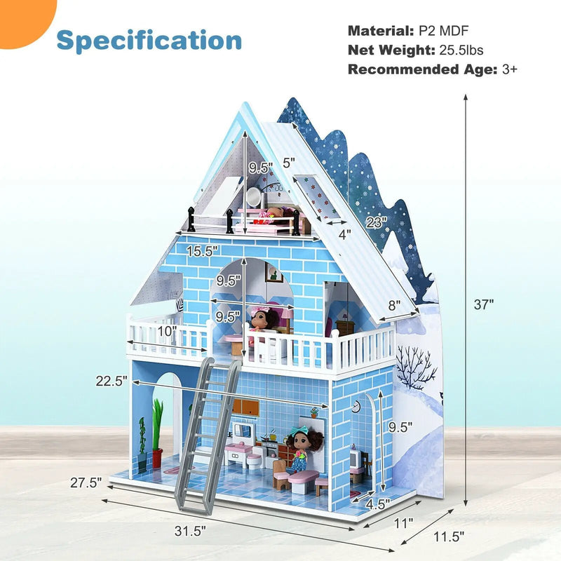 Wooden Dollhouse 3-Story Pretend Playset with Furniture and Doll Gift for Age 3+ Year by DirectDeals