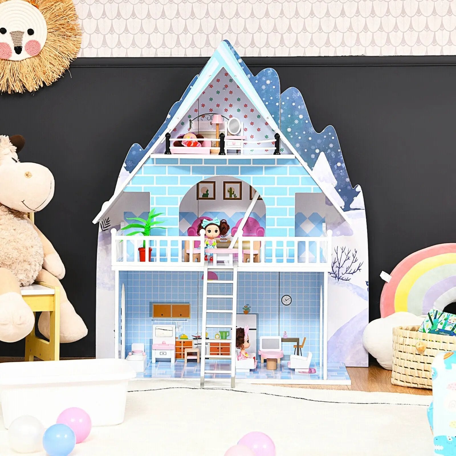 Wooden Dollhouse 3-Story Pretend Playset with Furniture and Doll Gift for Age 3+ Year by DirectDeals