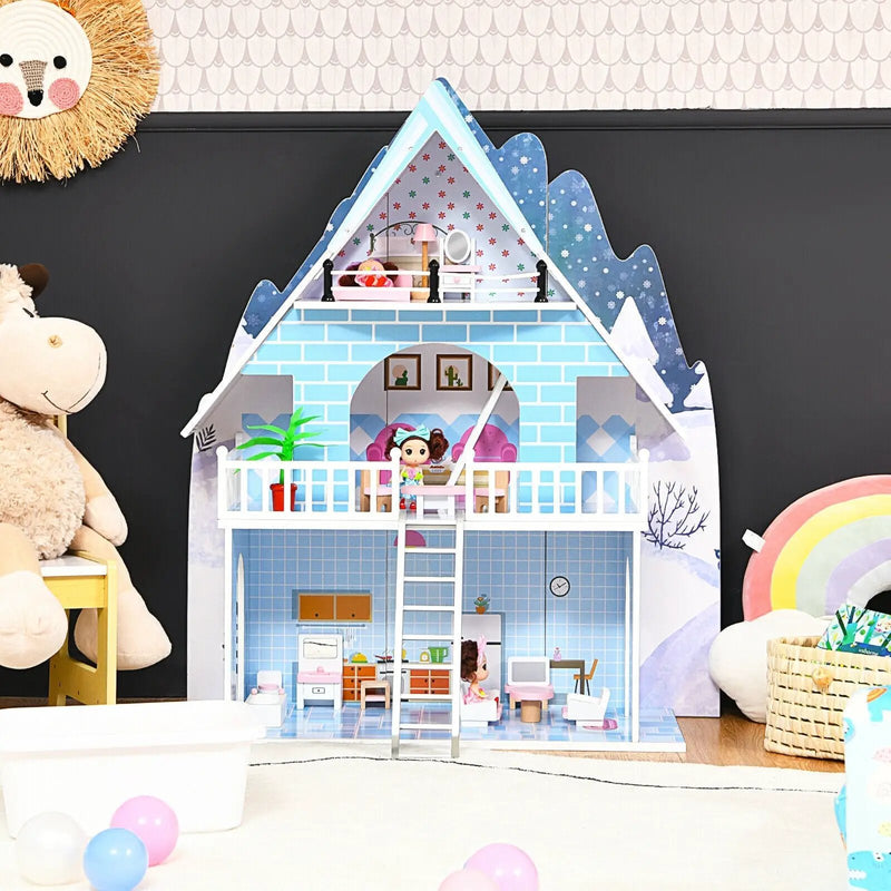 Wooden Dollhouse 3-Story Pretend Playset with Furniture and Doll Gift for Age 3+ Year by DirectDeals