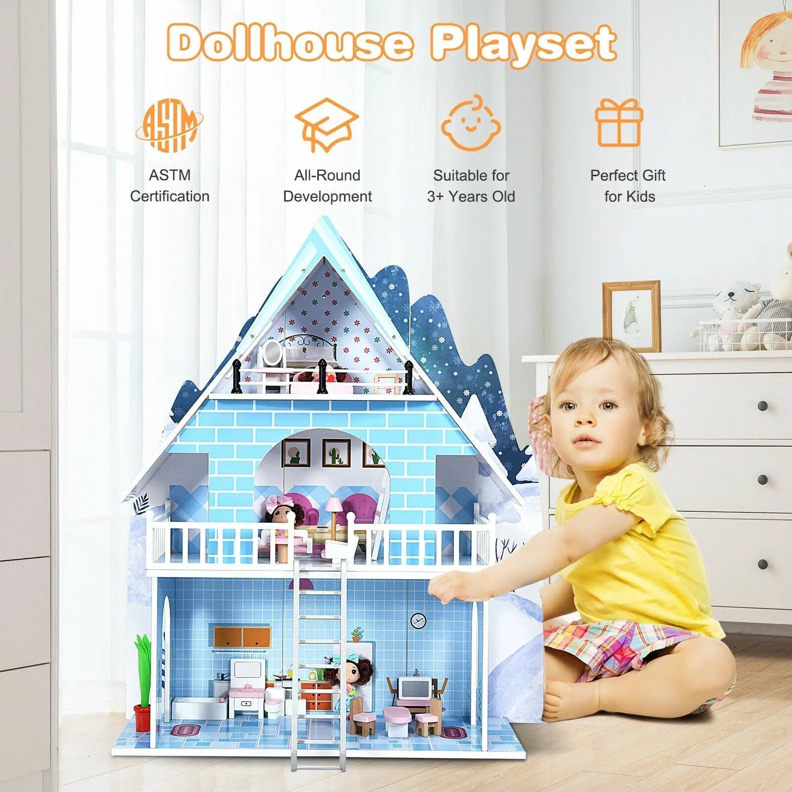 Wooden Dollhouse 3-Story Pretend Playset with Furniture and Doll Gift for Age 3+ Year by DirectDeals