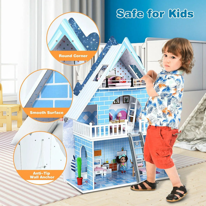 Wooden Dollhouse 3-Story Pretend Playset with Furniture and Doll Gift for Age 3+ Year by DirectDeals