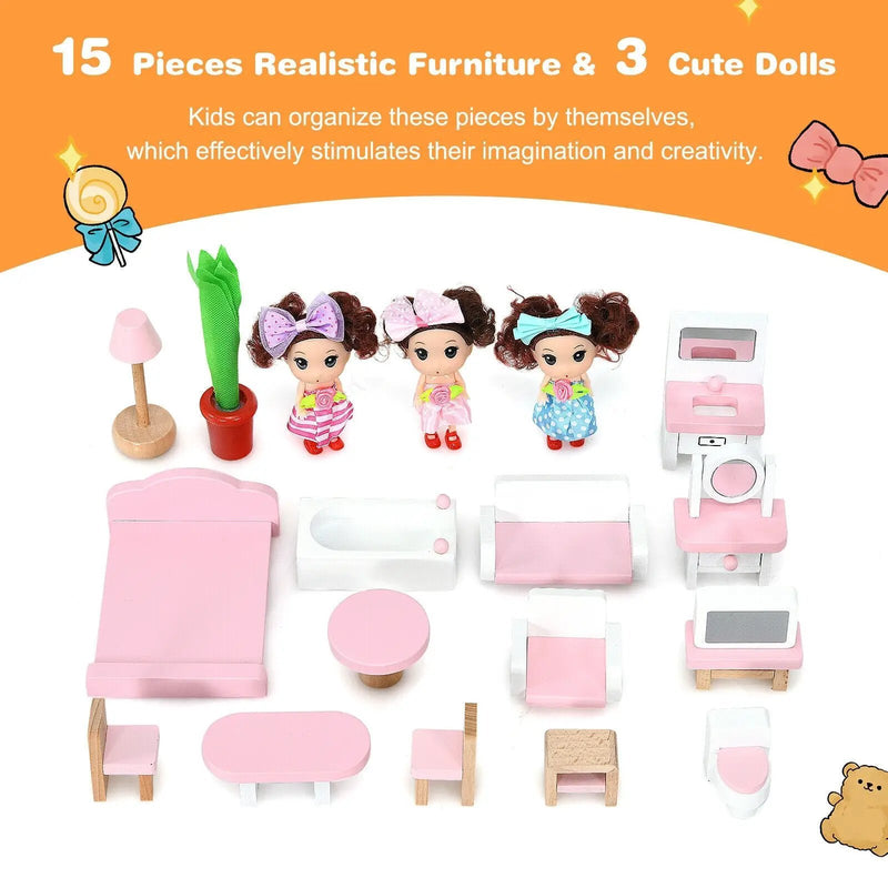 Wooden Dollhouse 3-Story Pretend Playset with Furniture and Doll Gift for Age 3+ Year by DirectDeals