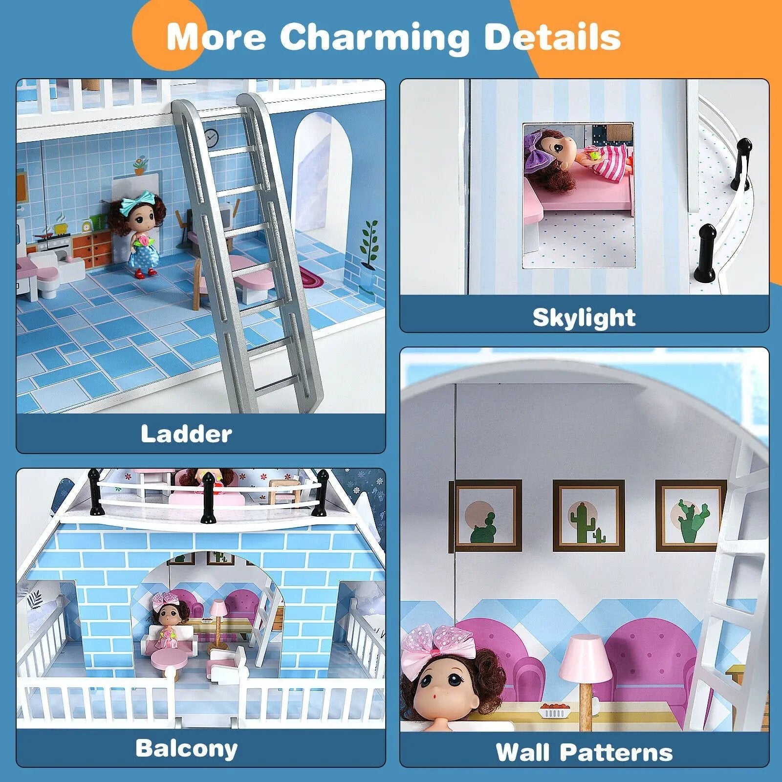 Wooden Dollhouse 3-Story Pretend Playset with Furniture and Doll Gift for Age 3+ Year by DirectDeals